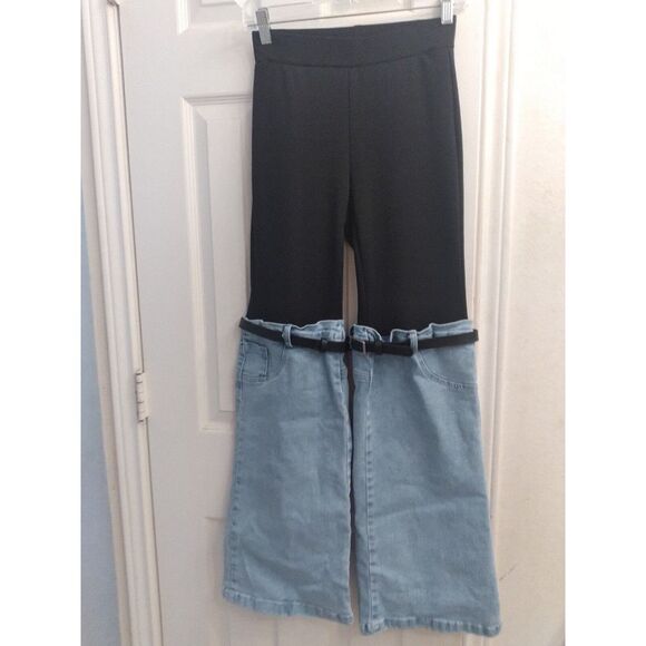Unique Two-Tone Denim & Legging Hybrid Pants Light Blue & Black‎ Statement Piece - Picture 2 of 5